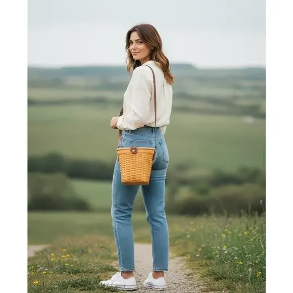 Longaberger 2000 Saddlebrook Country Estate Purse Maple Leather Strap Y2K VTG - Picture 2 of 14